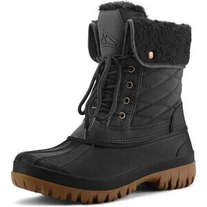 Women's Black Waterproof Insulated Snow Boots Lace-Up Mid Calf Duck Boots